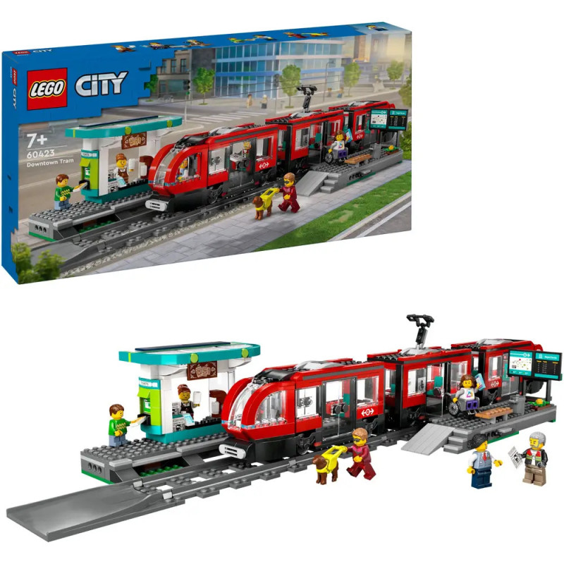 LEGO City Downtown Train Set mit rotem Zug, Bahnsteig und mehreren zusammengebauten Minifiguren auf der Verpackung.