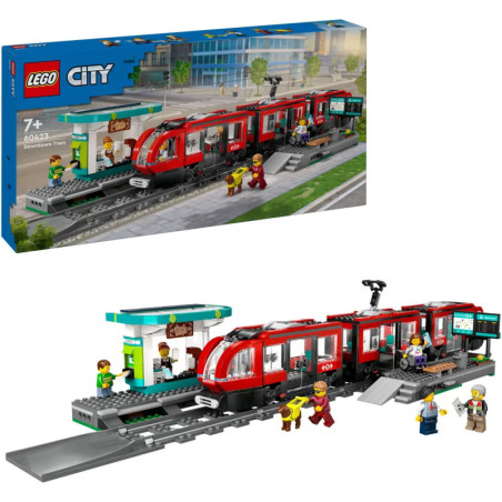LEGO City Downtown Train Set mit rotem Zug, Bahnsteig und mehreren zusammengebauten Minifiguren auf der Verpackung.