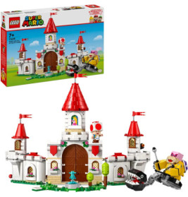 LEGO Super Mario Princess Peachs Castle mit roten Türmen, Figuren und Verpackung über dem Modell.