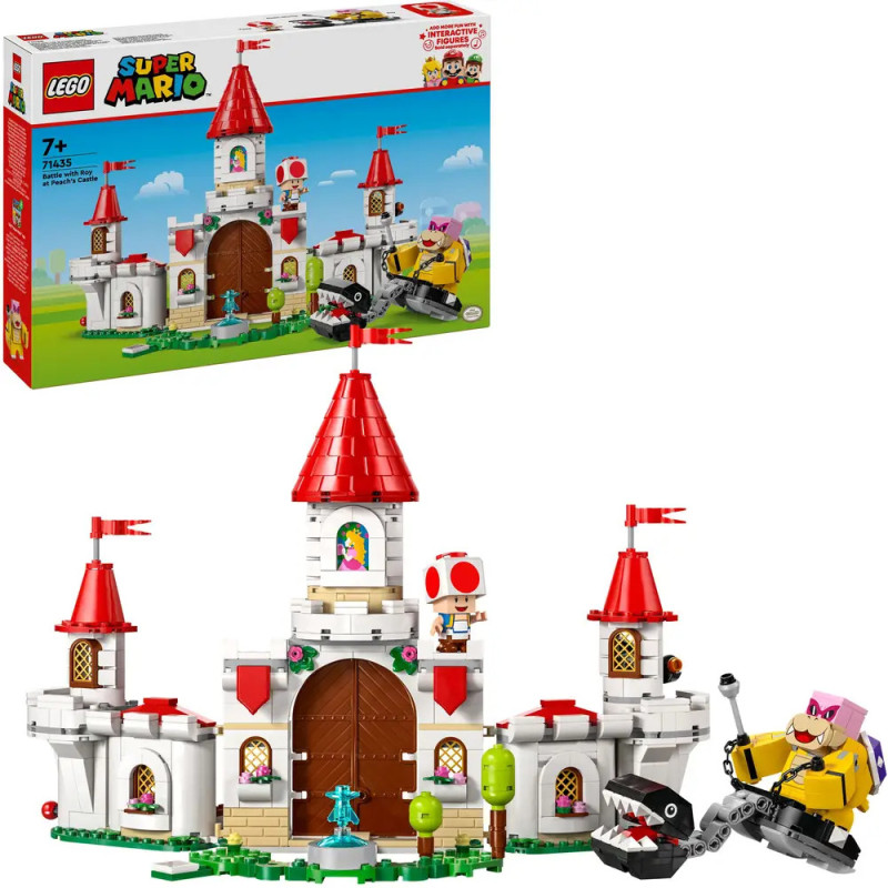 LEGO Super Mario Princess Peachs Castle mit roten Türmen, Figuren und Verpackung über dem Modell.
