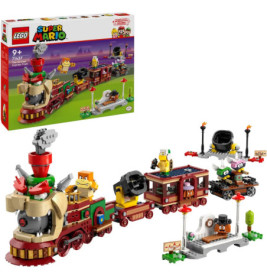 LEGO Super Mario Bowsers Zugset mit bunten Waggons, Gegnern und Spielfunktionen. Verpackung im Hintergrund.