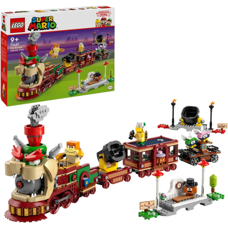 LEGO Super Mario Bowsers Zugset mit bunten Waggons, Gegnern und Spielfunktionen. Verpackung im Hintergrund.