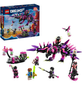 LEGO DREAMZzz Set mit großem rosa-schwarzen Drachen, Minifiguren, passendem Tier und Verpackung im Hintergrund.