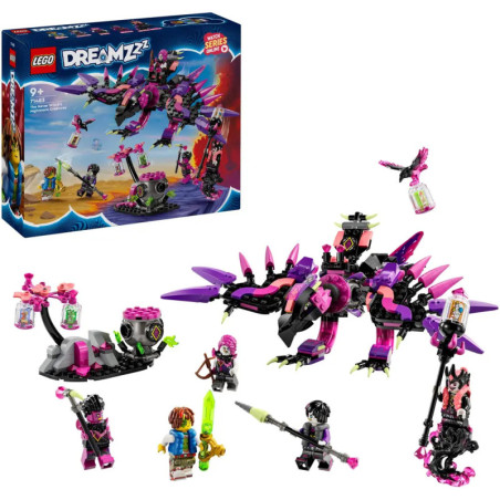 LEGO DREAMZzz Set mit großem rosa-schwarzen Drachen, Minifiguren, passendem Tier und Verpackung im Hintergrund. LEGO DREAMZzz Set mit großem rosa-schwarzen Drachen, Minifiguren, passendem Tier und Verpackung im Hintergrund.