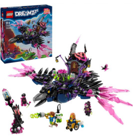LEGO DREAMZzz Fantasie-Set mit schwarz-pinker Flugkreatur, Minifiguren und Verpackung im Hintergrund.