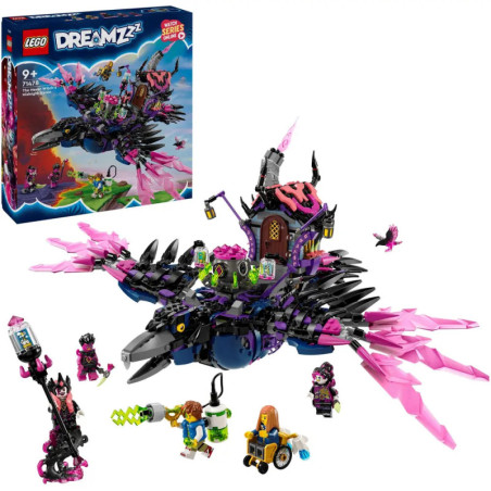 LEGO DREAMZzz Fantasie-Set mit schwarz-pinker Flugkreatur, Minifiguren und Verpackung im Hintergrund.