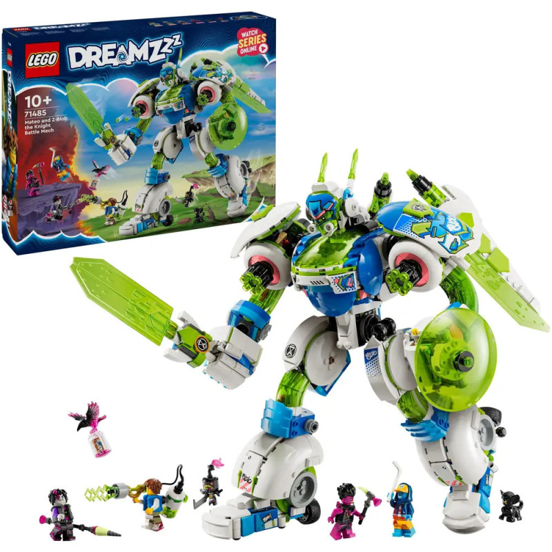 LEGO DREAMZzz Set mit großem grün-blauem Roboter, Minifiguren und Verpackung im Hintergrund.