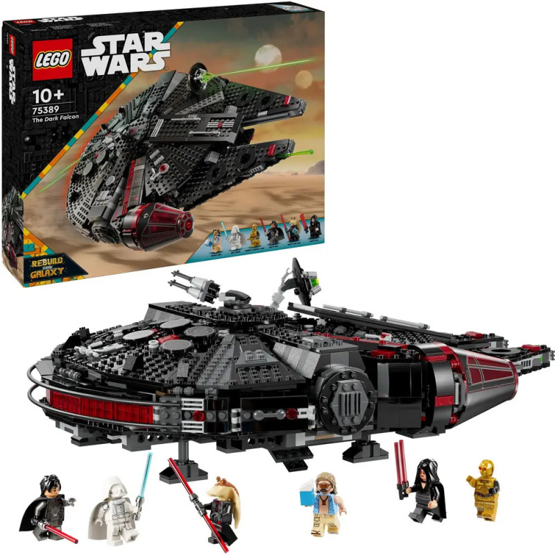LEGO Star Wars Set The Dark Falcon mit Box, Raumschiff und fünf Minifiguren ausgestellt.