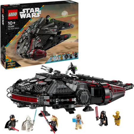 LEGO Star Wars Set The Dark Falcon mit Box, Raumschiff und fünf Minifiguren ausgestellt.