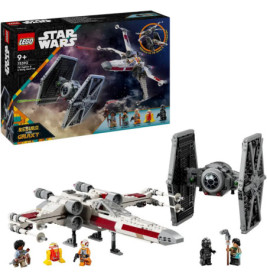 LEGO Star Wars X-Wing und TIE Fighter Sets mit Minifiguren und Box, die eine Weltraumschlacht zeigt.