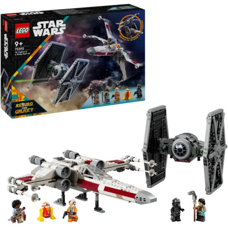 LEGO Star Wars X-Wing und TIE Fighter Sets mit Minifiguren und Box, die eine Weltraumschlacht zeigt.