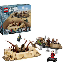 LEGO Star Wars Sarlacc-Set mit Minifiguren, Skiff und Verpackung im Hintergrund.