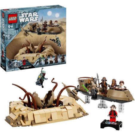 LEGO Star Wars Sarlacc-Set mit Minifiguren, Skiff und Verpackung im Hintergrund.