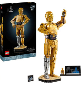 LEGO Star Wars C-3PO Set mit fertigem Modell, Verpackung, Infotafel und Gedenkstein ausgestellt.