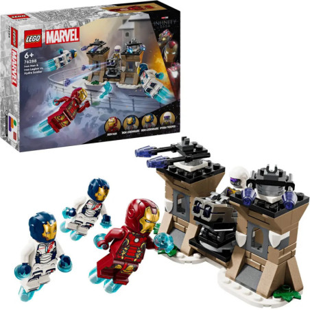 LEGO Marvel Avengers Set mit Iron Man, zwei Helden, Geschütztürmen und Thanos in einer Kampfszene.