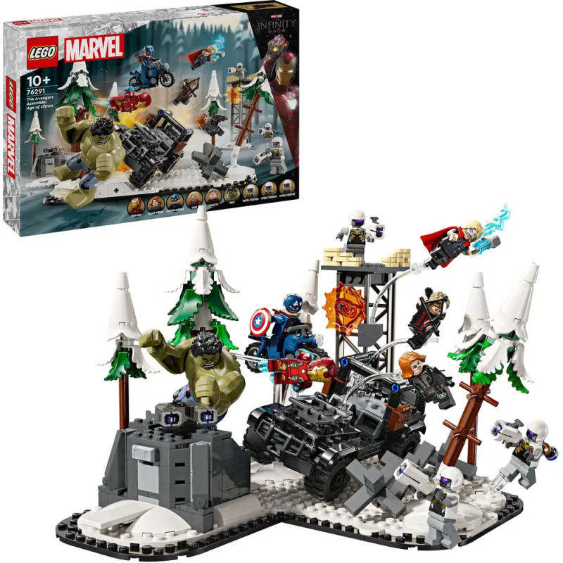 LEGO Marvel Avengers Set mit Superhelden-Minifiguren, Fahrzeugen und Schneeschlacht-Szene. LEGO Marvel Avengers Set mit Superhelden-Minifiguren, Fahrzeugen und Schneeschlacht-Szene.
