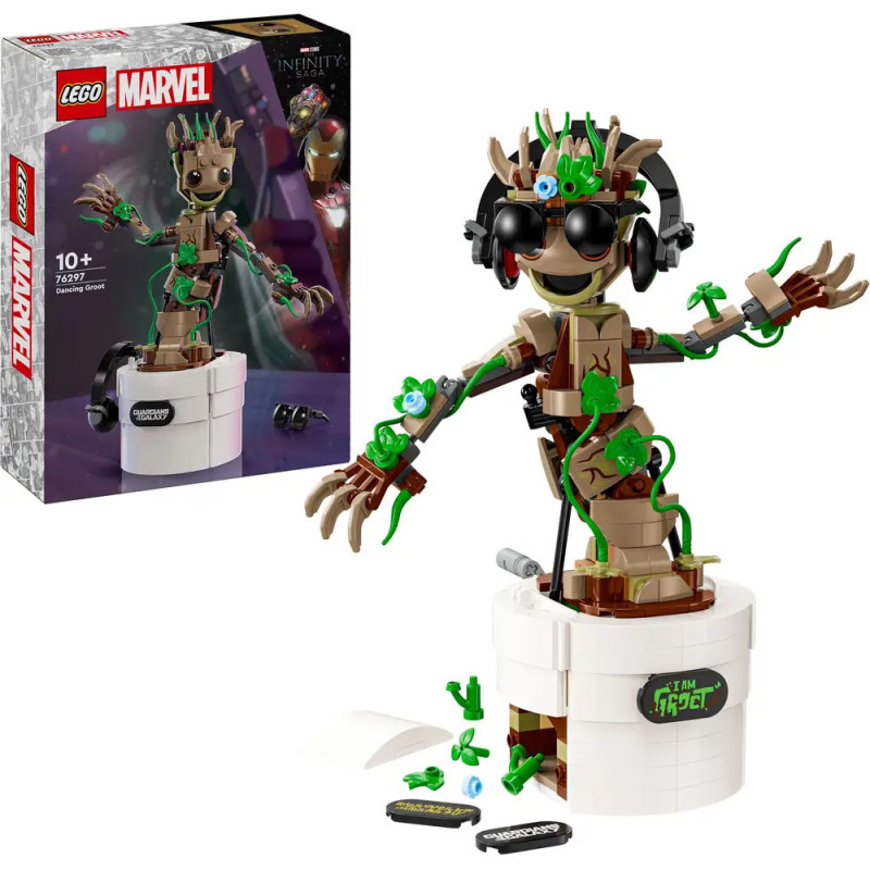 LEGO Marvel Tanzender Groot Set mit Zubehör, aufgebaut und auf Verpackung gezeigt Groot trägt Kopfhörer. LEGO Marvel Tanzender Groot Set mit Zubehör, aufgebaut und auf Verpackung gezeigt Groot trägt Kopfhörer.