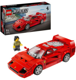 LEGO Speed Champions Ferrari F40 Set mit rotem Auto, Minifigur und Box im Hintergrund.