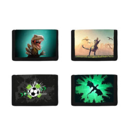 Vier rechteckige Täschchen mit Motiven: zwei Dinosaurier, ein Fußball und einer mit zwei fliegenden Drachen.