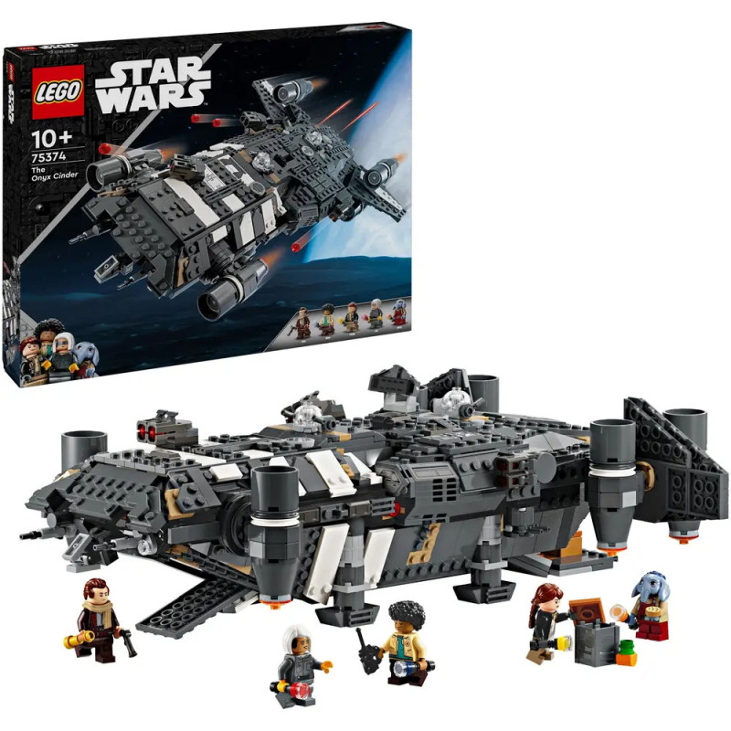 LEGO Star Wars Set mit detailliertem Raumschiff, Minifiguren und Verpackung samt Artwork im Hintergrund. LEGO Star Wars Set mit detailliertem Raumschiff, Minifiguren und Verpackung samt Artwork im Hintergrund.