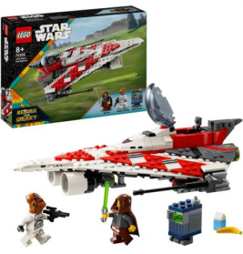 LEGO Star Wars Set mit rot-weißem Schiff, zwei Minifiguren, einem Droiden und der Box im Hintergrund.
