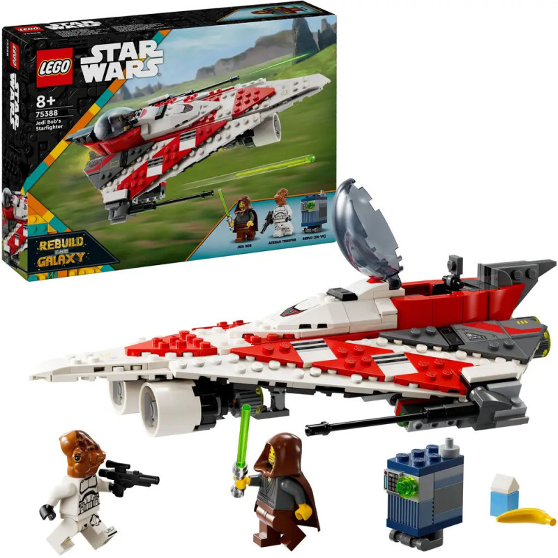 LEGO Star Wars Set mit rot-weißem Schiff, zwei Minifiguren, einem Droiden und der Box im Hintergrund. LEGO Star Wars Set mit rot-weißem Schiff, zwei Minifiguren, einem Droiden und der Box im Hintergrund.