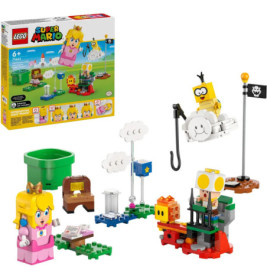 LEGO Super Mario Peach Set mit Figuren, Bausteinen und Zubehör vor der Verpackung.