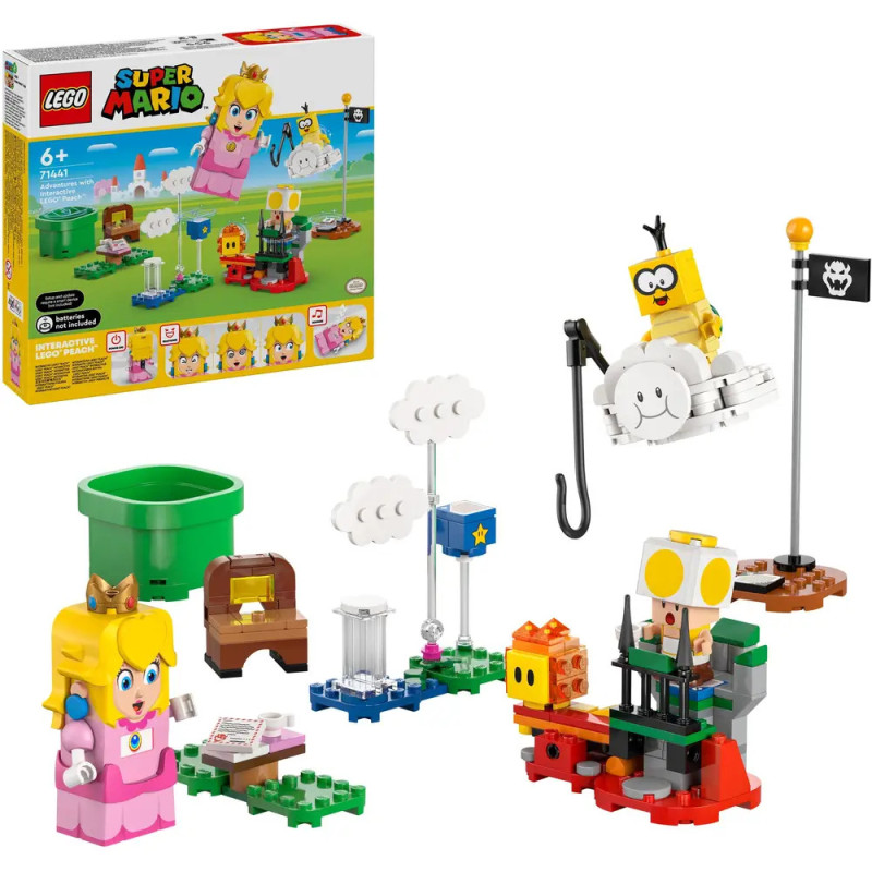 LEGO Super Mario Peach Set mit Figuren, Bausteinen und Zubehör vor der Verpackung. LEGO Super Mario Peach Set mit Figuren, Bausteinen und Zubehör vor der Verpackung.