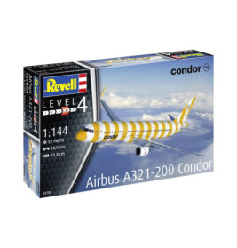 Revell Bausatz Airbus A321-200 Condor: Schachtel zeigt ein gelb gestreiftes Flugzeug im Flug vor blauem Himmel.