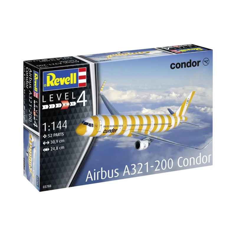 Revell Bausatz Airbus A321-200 Condor: Schachtel zeigt ein gelb gestreiftes Flugzeug im Flug vor blauem Himmel.