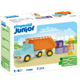 Playmobil Junior Set mit Muldenkipper, Bauklötzen und Bauarbeiter-Figur für Kinder von 1 bis 4 Jahren.