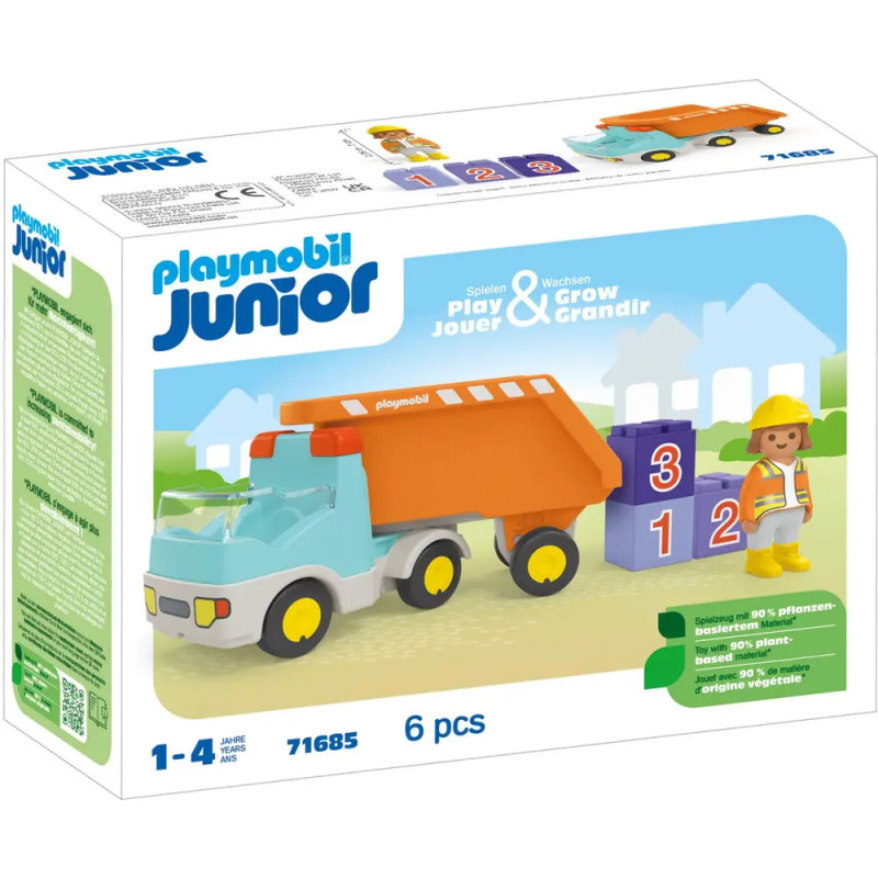 Playmobil Junior Set mit Muldenkipper, Bauklötzen und Bauarbeiter-Figur für Kinder von 1 bis 4 Jahren.