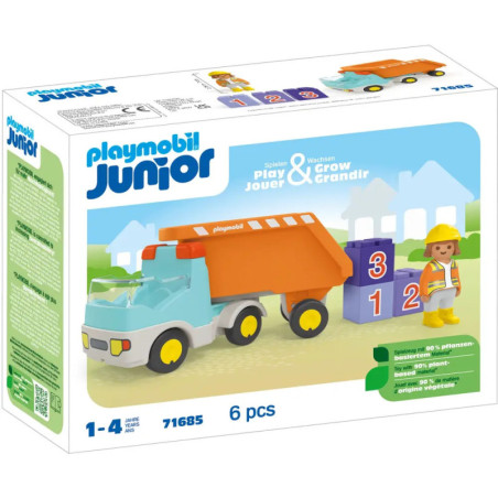 Playmobil Junior Set mit Muldenkipper, Bauklötzen und Bauarbeiter-Figur für Kinder von 1 bis 4 Jahren.