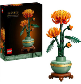 LEGO Chrysanthemenset mit orangefarbenen Blüten im grünen Topf, abgebildet neben der Verpackung.