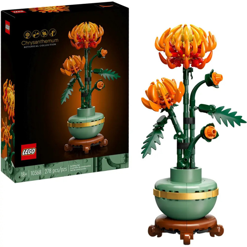 LEGO Chrysanthemenset mit orangefarbenen Blüten im grünen Topf, abgebildet neben der Verpackung.