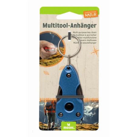 Blauer Multitool-Anhänger in Verpackung mit Outdoor-Design und der Aufschrift Multitool-Anhänger.