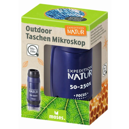 Expedition Natur Taschenmikroskop (50-250x) von Moses, mit naturbezogener Verpackung, Outdoor-tauglich.