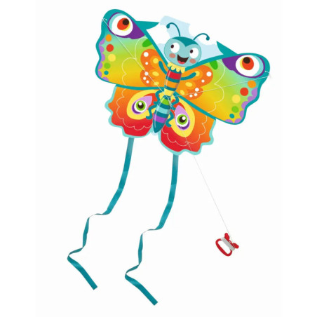 Bunte Schmetterlingsdrachen mit auffälligen Mustern, blauen Schwänzen und rotem Griff auf weißem Hintergrund.
