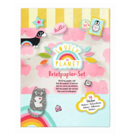 Schreibset mit Lovely Planet Regenbogen-Design, Katze, Hund, Stickern und rosa Wolken auf dem Cover.