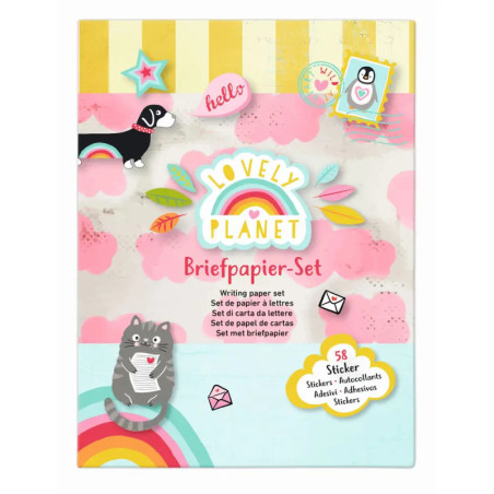 Schreibset mit Lovely Planet Regenbogen-Design, Katze, Hund, Stickern und rosa Wolken auf dem Cover.