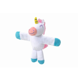 Plüsch-Einhorn mit türkisfarbenen Hufen, pinker Mähne und Schweif, gelbem Horn und freundlich lächelndem Gesicht.