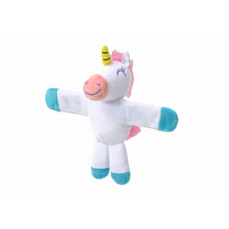 Plüsch-Einhorn mit türkisfarbenen Hufen, pinker Mähne und Schweif, gelbem Horn und freundlich lächelndem Gesicht.