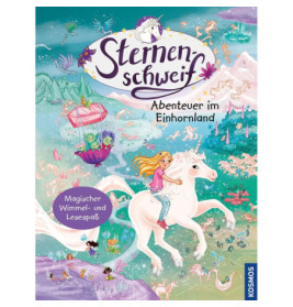 Ein Mädchen reitet auf einem weißen Einhorn durch eine bunte Fantasielandschaft mit Regenbogen und fliegenden Wesen.