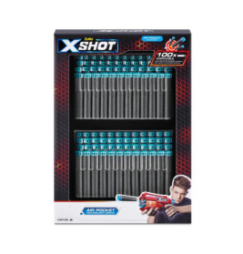 Schachtel X-Shot Schaumstoff-Pfeile, 100 Nachfüllungen, mit Markenlogo und Abbildung eines Spielzeugblasters.
