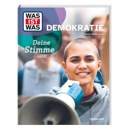 Titelbild: Lachende junge Person mit Megafon Buchtitel: Was ist Was Demokratie.