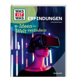 Buchcover: Person mit VR-Headset vor Neonlichtern, deutscher Text über Erfindungen und Weltveränderung.