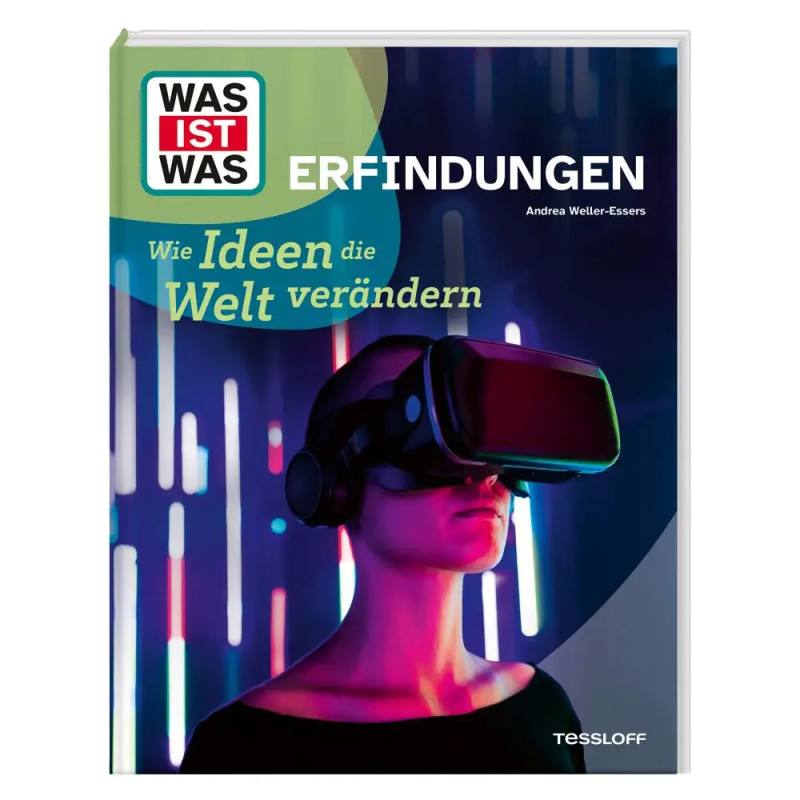 Buchcover: Person mit VR-Headset vor Neonlichtern, deutscher Text über Erfindungen und Weltveränderung.