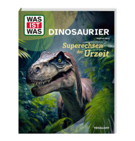 Buchcover mit realistischem Dinosaurier im Dschungel, Titel Dinosaurier, deutschsprachiger Text.