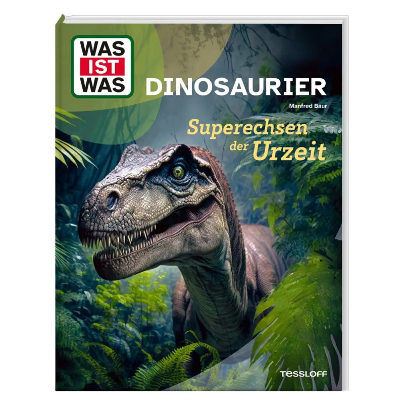Buchcover mit realistischem Dinosaurier im Dschungel, Titel Dinosaurier, deutschsprachiger Text.