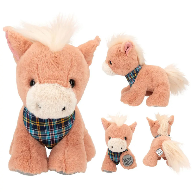 Plüschpferd mit kariertem Halstuch, abgebildet von vorne, der Seite und von hinten.